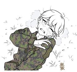Rule 34 | 1girl, blush, camouflage, camouflage shirt, furrowed brow, grass, grimace, highres, long sleeves, lying, on ground, one eye closed, open mouth, ostwindprojekt, partially colored, shirt, short hair, solo, tearing up, tears, tourniquet, white background
