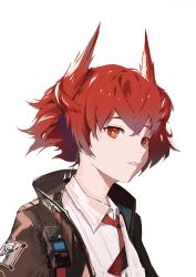 Rule 34 | 1girl, animal ears, arknights, bird ears, black jacket, brank zalan, collared shirt, earpiece, fiammetta (arknights), highres, jacket, looking at viewer, necktie, open clothes, open jacket, parted lips, red eyes, red hair, red necktie, shirt, short hair, simple background, solo, upper body, walkie-talkie, white background, white shirt