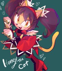 Rule 34 | 1girl, :3, :d, black hair, blush, cat girl, character name, commentary, dress, fang, furry, furry female, gloves, hairband, heart, high heels, honey the cat, misuta710, open mouth, orange eyes, paw pose, red dress, red hairband, smile, solo, sonic (series), sonic the fighters, sonic the hedgehog (classic), symbol-only commentary, tail, twintails, white gloves