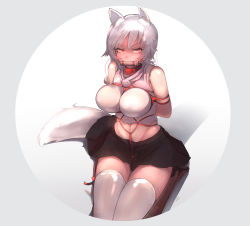 Rule 34 | 1girl, angry, animal ears, arms behind back, bare shoulders, bdsm, bit gag, blush, bondage, bound, breasts, collar, crotch rope, curvy, ehrrr, female focus, full-face blush, gag, gagged, highres, inubashiri momiji, large breasts, looking at viewer, red eyes, rope, shibari, shibari over clothes, short hair, sitting, solo, tail, thighhighs, touhou, white hair, wide hips, wolf ears, wolf tail