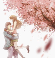 Rule 34 | 00s, 1boy, 1girl, ^ ^, arms around waist, bad id, bad pixiv id, brown hair, carrying, cherry blossoms, christina sierra, closed eyes, couple, gloves, gundam, gundam 00, hand on another&#039;s shoulder, hetero, jacket, lichtendahl tsery, long sleeves, masso, motion blur, outdoors, pants, petals, profile, shoes, shorts, sleeveless, thighhighs, tree, white thighhighs