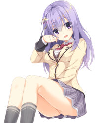 Rule 34 | 1girl, aria (koiiroharemoyou), black socks, bow, bowtie, breasts, brown vest, commentary request, eyelashes, feet out of frame, from below, grey skirt, hair between eyes, hand on own cheek, hand on own face, head tilt, ise kotori, jacket, light blush, light purple hair, long hair, long legs, long sleeves, looking at viewer, medium breasts, miniskirt, open mouth, plaid, plaid skirt, pleated skirt, purple eyes, red bow, red bowtie, riddle joker, school uniform, shirt, sidelocks, simple background, sitting, skirt, socks, solo, thighs, vest, white background, white shirt, wing hair ornament, yellow jacket