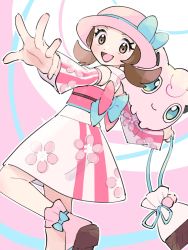 Rule 34 | 1girl, :d, alternate color, alternate costume, bow, bow legwear, brown eyes, brown hair, commentary request, creatures (company), detached sleeves, eyelashes, floral print, game freak, gen 1 pokemon, hat, hat bow, highres, holding, jigglypuff, leg up, lyra (pokemon), lyra (summer 2020) (pokemon), nintendo, official alternate costume, open mouth, pink headwear, pink legwear, pokemon, pokemon (creature), pokemon masters ex, pokemon on arm, pouch, pumpkinpan, sandals, sash, smile, socks, spread fingers, tongue, twintails