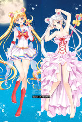 Rule 34 | 2girls, armpits, arms up, bakugadou, barefoot, bishoujo senshi sailor moon, bishoujo senshi sailor moon (first season), bishoujo senshi sailor moon s, bishoujo senshi sailor moon supers, blonde hair, blue background, blue eyes, blue sailor collar, boots, bow, breasts, brooch, choker, dress, dual persona, elbow gloves, frills, full moon, gloves, hair ornament, hairpin, heart, heart brooch, jewelry, knee boots, large breasts, long hair, looking at viewer, maboroshi no ginzuishou, moon, moon stick, multicolored clothes, multicolored skirt, multiple girls, multiple views, pleated skirt, red bow, red footwear, sailor collar, sailor moon, silver hair, skirt, smile, spiral heart moon rod, staff, super sailor moon, tsukino usagi, twintails, watermark, white gloves