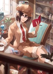 Rule 34 | 1girl, bag, bird, blazer, blouse, book, bookshelf, bread, brown hair, brown jacket, cabbie hat, camera, coffee, coffee mug, collared shirt, crow, cup, feathers, flat cap, flower pot, food, hat, holding, holding book, holding pen, indoors, jacket, kagami toufu, looking at viewer, mug, necktie, official alternate costume, open clothes, open jacket, open mouth, open window, pants, pants rolled up, paper bag, pen, plant, pointy ears, quill, radio, red eyes, red necktie, shameimaru aya, shameimaru aya (newsboy), shirt, short hair, shorts, smile, socks, solo, sunlight, table, tokin hat, touhou, white shirt, white socks, window