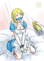 Rule 34 | alice (alice in wonderland) (cosplay), alice in wonderland, apron, badxend, bdsm, blonde hair, bondage, bound, breasts, cleavage, controller, cosplay, dress, closed eyes, gag, gagged, impossible clothes, kingdom hearts, kingdom hearts ii, kneeling, namine, nipples, remote control, tight clothes, trembling
