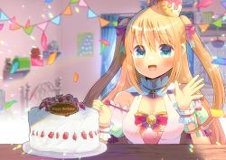 Rule 34 | 1girl, :d, bare shoulders, birthday cake, blonde hair, blue eyes, blurry, blurry background, blush, bow, breasts, cake, cleavage, commentary request, commission, crown, depth of field, detached sleeves, dress, food, hair between eyes, hair bow, hands up, happy birthday, ikoi momoa, kou hiyoyo, long hair, looking at viewer, medium breasts, mini crown, open mouth, pennant, pink dress, pink sleeves, propro production, puffy short sleeves, puffy sleeves, red bow, short sleeves, skeb commission, sleeveless, sleeveless dress, smile, solo, string of flags, two side up, very long hair, virtual youtuber, wrist cuffs