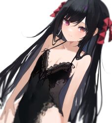Rule 34 | 1girl, absurdres, bare shoulders, black hair, black leotard, blush, breasts, brown eyes, closed mouth, collarbone, covered navel, hair ribbon, heterochromia, highres, kokao358, leotard, lingerie, long hair, looking at viewer, original, purple eyes, red ribbon, ribbon, simple background, small breasts, solo, underwear, upper body, very long hair, white background