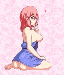 Rule 34 | 1girl, alternate hairstyle, ass, bare shoulders, breasts, dress, female focus, full body, heart, large breasts, moisture (chichi), nipples, no bra, no panties, profile, puffy nipples, purple eyes, red hair, saigyouji yuyuko, short hair, sitting, solo, toes, touhou