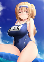 Rule 34 | 1girl, bad id, bad pixiv id, blue sky, blush, breasts, cloud, day, hair between eyes, hair ornament, hairband, i-26 (kancolle), kantai collection, large breasts, light brown hair, long hair, looking at viewer, name tag, ne an ito, new school swimsuit, on water, one-piece swimsuit, school swimsuit, sky, smile, solo, swimsuit, two-tone hairband, two side up, water