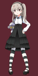 Rule 34 | 10s, 1girl, :o, arisu (girls und panzer), asymmetrical hair, bandage over one eye, bandaged arm, bandages, black pantyhose, blush, boko (girls und panzer), bow, bowtie, brown eyes, brown hair, buckle, buttons, clenched hand, collared shirt, dress shirt, flat chest, full body, girls und panzer, grey eyes, grey hair, hair between eyes, hair ribbon, hairband, halloween, hand on own hip, highres, holding, holding stuffed toy, kairakuen umenoka, layered skirt, long hair, long skirt, long sleeves, looking at viewer, mary janes, one side up, open mouth, pantyhose, parted lips, platform footwear, purple background, ribbon, shimada arisu, shirt, shoes, side ponytail, sidelocks, skirt, solo, standing, striped clothes, striped pantyhose, stuffed animal, stuffed toy, suspender skirt, suspenders, teddy bear, white pantyhose, white shirt