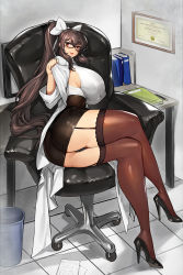 Rule 34 | 1girl, absurdres, ass, black hair, blush, bow, breasts, chair, crossed legs, curvy, desk, doctor, full body, garter straps, glasses, gurimjang, hair between eyes, hair bow, high heels, high ponytail, highres, huge breasts, indoors, lab coat, long hair, looking at viewer, office chair, original, pen, red eyes, smile, solo, swivel chair, thick thighs, thighhighs, thighs, very long hair, white bow