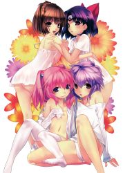 Rule 34 | 4girls, absurdres, agarest senki (series), agarest senki 2, aina (agarest senki), arm around waist, arm support, ass, bare legs, barefoot, black eyes, bow, braid, brown hair, dress, fiona (agarest senki), flat chest, flower, french braid, hair bow, holding hands, headband, highres, hirano katsuyuki, interlocked fingers, liel (agarest senki), looking at viewer, looking back, multiple girls, navel, no pants, off shoulder, official art, open clothes, open shirt, panties, parted lips, pink hair, purple eyes, purple hair, ri ra rua, scan, shirt, short dress, short hair, sitting, sleeves past wrists, small breasts, smile, thighhighs, twintails, underwear, white dress, white legwear, white panties