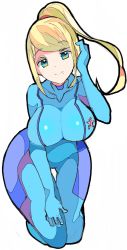 Rule 34 | 1girl, blonde hair, blue bodysuit, blue eyes, bodysuit, breasts, closed mouth, colored eyelashes, covered collarbone, enpe, hand on own head, highres, large breasts, long hair, looking at viewer, metroid, mole, mole under mouth, nintendo, ponytail, samus aran, simple background, smile, solo, swept bangs, thigh gap, white background, zero suit