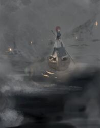 Rule 34 | 1girl, boat, dark, dress, fog, highres, holding, holding oar, lantern, night, oar, onozuka komachi, sanzu river, shinkopeishon, ship, solo, touhou, water, watercraft