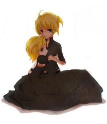 Rule 34 | 1boy, 1girl, abcity, black dress, blonde hair, blue eyes, brother and sister, dress, expressionless, hetero, hug, kagamine len, kagamine rin, looking at viewer, lowres, ponytail, shirt, short hair, siblings, sitting, toto momoko, twins, vocaloid