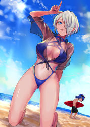 Rule 34 | 1boy, 1girl, absurdres, angel (kof), arm up, beach, black nails, blue eyes, blue hair, blue one-piece swimsuit, breasts, commentary, eyewear on head, horns pose, hair over one eye, highres, krohnen, looking at viewer, nail polish, navel, ocean, one-piece swimsuit, one eye covered, sand, short hair, surfboard, swimsuit, the king of fighters, white hair, yuu (primenumber7)
