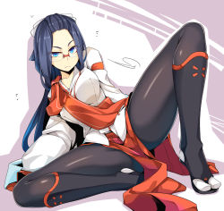 Rule 34 | 1girl, arm support, armor, bespectacled, black pantyhose, blue eyes, blue hair, crotch, forehead, frown, glasses, greaves, hikage (sennen sensou aigis), long hair, looking at viewer, ogami kazuki, on floor, pantyhose, rimless eyewear, sennen sensou aigis, sitting, solo, spread legs, tabi
