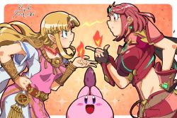 Rule 34 | 1other, 2girls, angry, black gloves, blonde hair, breasts, chest jewel, clash, dress, earrings, fingerless gloves, fire, gloves, headpiece, jewelry, kirby, kirby (series), large breasts, long hair, midriff, multiple girls, nintendo, pantyhose, pantyhose under shorts, princess zelda, pyra (xenoblade), red eyes, red hair, red shorts, short hair, short shorts, shorts, super smash bros., swept bangs, the legend of zelda, the legend of zelda: a link between worlds, thighhighs, tiara, triforce earrings, xenoblade chronicles (series), xenoblade chronicles 2, you bird