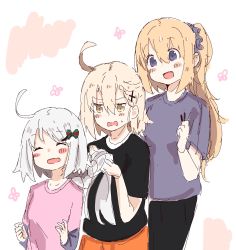 Rule 34 | 3girls, alternate hairstyle, black shirt, blonde hair, blue eyes, blush, bow, braid, braiding hair, commentary request, fate/grand order, fate (series), flower, grey hair, grey shirt, hair bow, hair ornament, hair scrunchie, hairdressing, highres, jeanne d&#039;arc (fate), jeanne d&#039;arc (ruler) (fate), jeanne d&#039;arc alter (avenger) (fate), jeanne d&#039;arc alter (fate), jeanne d&#039;arc alter santa lily (fate), long sleeves, multiple girls, open mouth, pink shirt, ponytail, ranf, scrunchie, shirt, short hair, short sleeves, single braid, sketch, yellow eyes