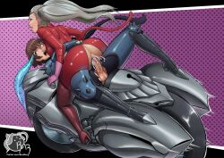 Rule 34 | 2girls, ass, blonde hair, bodysuit, brown hair, catsuit, clothed sex, constricted pupils, cum, cum in pussy, cum overflow, fake tail, full-package futanari, futa with female, futanari, high heels, highres, hug, joanna (persona 5), motor vehicle, motorcycle, multiple girls, niijima makoto, penis, persona, persona 5, pussy, razillon, riding, scared, sex, tail, takamaki anne, twintails, vaginal