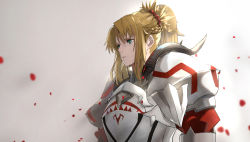 Rule 34 | 1girl, armor, blonde hair, braid, fate/grand order, fate (series), french braid, from side, green eyes, hair ornament, hair scrunchie, juliet sleeves, kdm (ke dama), long sleeves, mordred (fate), mordred (fate/apocrypha), parted lips, pauldrons, ponytail, puffy sleeves, red scrunchie, scrunchie, shoulder armor, solo, upper body