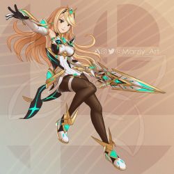 Rule 34 | 1girl, artist name, artist request, blonde hair, breasts, dress, earrings, elbow gloves, female focus, gem, gloves, glowing, hair ornament, headpiece, holding, holding sword, holding weapon, jewelry, large breasts, logo, looking at viewer, mythra (massive melee) (xenoblade), mythra (xenoblade), nintendo, open mouth, pantyhose, smile, solo, super smash bros., sword, thigh strap, thighs, tiara, wallpaper, watermark, weapon, xenoblade chronicles (series), xenoblade chronicles 2, yellow eyes