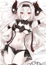 abyssal_ship air_defense_princess albino black_gloves black_wrist_cuffs chain colored_skin gloves hair_between_eyes hairband hand_on_own_chest hand_up horns kantai_collection long_hair on_bed pale_skin red_eyes short_sleeves showgirl_skirt uenoteru white_hair white_skin wrist_cuffs