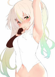 Rule 34 | 1girl, ahoge, arm behind head, arm up, armpits, blonde hair, blush, breasts, camomi camomi, camomi channel, commentary request, covering own mouth, detached sleeves, embarrassed, finger to mouth, gloves, gradient hair, green eyes, hair ornament, hairclip, looking at viewer, medium breasts, multicolored hair, navel, partially fingerless gloves, shirt, sideboob, single detached sleeve, solo, stomach, terazip, two side up, upper body, virtual youtuber, white shirt