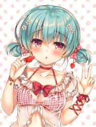 Rule 34 | 1girl, babydoll, blue hair, blush, bow, bra, breasts, chestnut mouth, collarbone, commentary request, double bun, flower, food, food-themed hair ornament, frills, fruit, hair between eyes, hair bow, hair bun, hair flower, hair ornament, halterneck, hand up, highres, holding, holding food, holding fruit, looking at viewer, original, pink bow, plaid, plaid bra, polka dot, polka dot bow, red bow, red bra, red eyes, red ribbon, ribbon, see-through, short hair, short sleeves, short twintails, small breasts, solo, strawberry, strawberry background, strawberry hair ornament, suzunone rena, twintails, underwear, upper body, w, white babydoll, white background, white flower, wrist ribbon, wristband