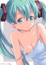 Rule 34 | 1girl, 2017, aqua eyes, aqua hair, breasts, dated, gecotan, hatsune miku, long hair, looking at viewer, nipple slip, nipples, one breast out, open mouth, small breasts, solo, strap slip, twintails, vocaloid