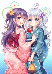 Rule 34 | 10s, 2girls, :d, akatsuki (kancolle), alternate costume, alternate hairstyle, blue eyes, candy apple, commentary request, eyebrows, floral print, food, hair ribbon, hibiki (kancolle), highres, japanese clothes, kantai collection, kimono, long hair, looking at viewer, looking back, multiple girls, obi, open mouth, purple eyes, purple hair, ribbon, sasachin (k+w), sash, silver hair, smile, yukata