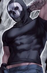 Rule 34 | 1boy, arm behind head, arm tattoo, bara, black gloves, black shirt, blue pants, call of duty, call of duty: modern warfare 2, ghost (modern warfare 2), gloves, large pectorals, looking at viewer, male focus, mask, muscular, muscular male, pants, pectorals, shirt, skull mask, solo, tattoo, zhyphenth