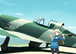 Rule 34 | 1girl, aircraft, airplane, ascot, bad id, bad pixiv id, black pantyhose, blonde hair, blue sky, blush, cloud, day, eyebrows, glasses, jacket, long hair, long sleeves, outdoors, pantyhose, perrine h. clostermann, shiratama (hockey), sky, sleeves rolled up, smile, solo, strike witches, vehicle focus, world witches series, yellow eyes