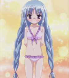 Rule 34 | 10s, bikini, blue hair, child, glasses, highres, long hair, nagatsuka saki, plait, purple eyes, rou-kyuu-bu!, smile, swimsuit