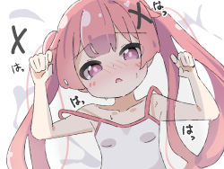 Rule 34 | 1girl, arm up, bare arms, bare shoulders, blush, camisole, collarbone, commentary request, fang, hair ornament, hand up, highres, kapuru 0410, looking at viewer, lying, nose blush, on back, parted lips, pink hair, purple eyes, solo, sweat, tanemura koyori, translation request, twintails, watashi ni tenshi ga maiorita!, white background, white camisole, x hair ornament