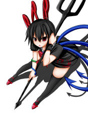 Rule 34 | 1girl, black hair, black thighhighs, dress, female focus, full body, houjuu nue, k-14, polearm, red eyes, short hair, snake, solo, spear, thighhighs, touhou, trident, weapon, white background, wings