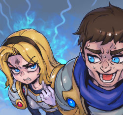 Rule 34 | 1boy, 1girl, armor, blue scarf, breastplate, breasts, brother and sister, brown hairband, censored, clenched teeth, garen (league of legends), gem, gloves, hairband, league of legends, long hair, lower teeth only, lux (league of legends), middle finger, mosaic censoring, multicolored background, phantom ix row, scarf, short hair, shoulder plates, siblings, small breasts, sweat, teeth, tongue, upper body, white gloves