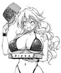 Rule 34 | 1girl, bikini, blue eyes, blush, box, breasts, food, full body, gloves, greyscale, happy, helmet, highleg, highleg bikini, highres, holding, holding box, holding food, large breasts, long hair, looking at viewer, monochrome, pizza, pizza box, rakko (r2), sandy bash, simple background, skindentation, smile, solo, standing, suketto sanjou!, swimsuit, thighhighs, thong bikini, very long hair, white background