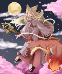 Rule 34 | 1girl, :d, animal, animal ears, blonde hair, cherry blossoms, cloud, facepaint, fang, fire, flying, fox, fox ears, fox tail, full moon, highres, holding, inari, japanese clothes, kitsune, leaf print, long hair, long sleeves, miko, moon, night, night sky, open mouth, original, purple eyes, ribbon-trimmed sleeves, ribbon trim, rinkashline, sandals, sky, smile, tail, wide sleeves