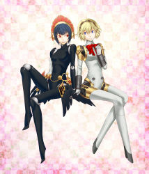 Rule 34 | 2girls, aegis (persona), android, atlus, blonde hair, blue eyes, blue hair, bow, checkered background, doll joints, ganbon, hand on own chest, headdress, highres, holding hands, joints, metis (persona), multiple girls, persona, persona 3, red eyes, robot joints, short hair, siblings, sisters, sitting, smile