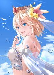 Rule 34 | 1girl, :d, bird, blonde hair, blue eyes, blue sky, breasts, crown, daisy, europa (granblue fantasy), europa (summer) (granblue fantasy), flower, granblue fantasy, hair between eyes, hair flower, hair ornament, highres, looking at viewer, medium breasts, nonh (wormoftank), open mouth, short hair, shoulder blades, side ponytail, sky, smile, solo, upper body, white flower, yellow flower