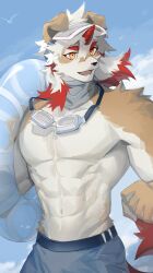 Rule 34 | 1boy, abs, absurdres, animal ears, arknights, bird, blue shorts, blue sky, chinese commentary, clenched hand, cloud, cloudy sky, colored tips, commentary request, fangs, furry, furry male, goggles, goggles around neck, highres, holding, holding swim ring, horns, hung (arknights), innertube, looking to the side, male focus, multicolored hair, open mouth, pectorals, shabi96522, shorts, single horn, sky, smile, swim ring, swimsuit, tail, topless male, visor cap