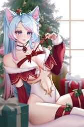Rule 34 | 1girl, absurdres, animal ear fluff, animal ears, blue eyes, blue hair, breasts, christmas, christmas ornaments, christmas tree, cleavage, collar, commentary, detached sleeves, english commentary, frilled collar, frills, fur-trimmed sleeves, fur trim, gift, highres, large breasts, leotard, long hair, looking at viewer, multicolored hair, nail polish, navel, pink hair, red nails, red sleeves, santa costume, santa leotard, silvervale, silvervale (christmas 2022), strapless, strapless leotard, streaked hair, thighhighs, virtual youtuber, vshojo, white collar, white leotard, white thighhighs, wolf ears, wolf girl, yiotaart