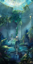 Rule 34 | 1girl, absurdres, back, barefoot, blue dress, bunker, dome, dress, flower, full moon, greenhouse, hand up, highres, huge filesize, joints, kimagurelmc, lamp, long hair, moon, original, outstretched arm, plant, reaching, reflection, robot joints, solo, stairs, tile floor, tiles, tiptoes, vegetation, vines, white hair