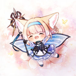 Rule 34 | 1girl, :d, ^ ^, animal, animal ears, arknights, black footwear, black gloves, blonde hair, blue hairband, blue skirt, blush, braid, braided hair rings, bug, butterfly, chibi, closed eyes, facing viewer, fox ears, fox girl, fox tail, frilled skirt, frills, gloves, hair rings, hairband, highres, holding, holding staff, insect, keluy, kitsune, long hair, open mouth, pantyhose, pleated skirt, shirt, shoes, single glove, skirt, smile, solo, staff, suzuran (arknights), tail, teeth, twin braids, upper teeth only, white pantyhose, white shirt
