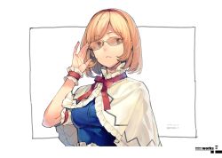 Rule 34 | 1girl, adjusting eyewear, alice margatroid, blonde hair, blue shirt, capelet, eho (icbm), glasses, hairband, highres, red hairband, red ribbon, ribbon, shirt, short hair, simple background, solo, touhou, upper body, white background, white capelet, wrist cuffs