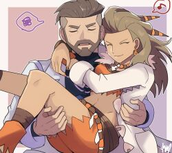 Rule 34 | 1boy, 1girl, arm around neck, beard, blush, border, brown hair, carrying, closed eyes, coat, commentary request, creatures (company), earrings, facial hair, facing viewer, game freak, hair ornament, husband and wife, jewelry, long hair, musical note, nail polish, necklace, nintendo, open clothes, open coat, open mouth, orange nails, orange shirt, orange shorts, outside border, pokemon, pokemon sv, rem (eyes 410), sada (pokemon), shirt, short hair, shorts, spoken musical note, spoken squiggle, squiggle, sweatdrop, turo (pokemon), undercut, white border