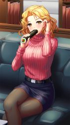 Rule 34 | 1girl, belt, black belt, blonde hair, blue skirt, crossed legs, curly hair, doukyuusei, doukyuusei another world, ehoumaki, food, game cg, hair intakes, hand in own hair, indoors, long hair, long sleeves, looking at viewer, makizushi, miniskirt, official art, pantyhose, pencil skirt, pink sweater, ribbed sweater, saitou mako, sexually suggestive, shiny clothes, shiny legwear, sitting, skirt, solo, sushi, sweater, turtleneck, turtleneck sweater, yellow eyes