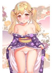 Rule 34 | 10s, 1girl, areola slip, bang dream!, bare shoulders, blonde hair, blush, breasts, brown eyes, c8oyk, floral print, flower, hair flower, hair ornament, ichigaya arisa, japanese clothes, kimono, long hair, looking at viewer, medium breasts, no bra, off shoulder, panties, parted lips, solo, standing, sweat, twintails, underwear, x hair ornament
